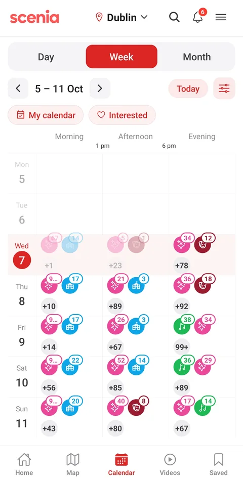 Calendar, week view, by morning, afternoon and evening