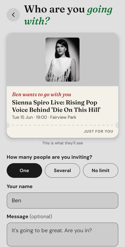 Creating an invitation in the app: “Who are you going with?”