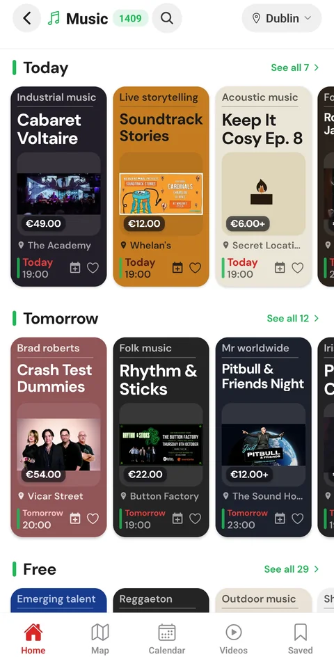 Home screen rows: Free, Family and Last showtimes